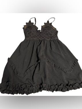 Rue+ ~Babydoll Mini Dress ~Black ~Lace on Bodice ~Ruffles on Skirt ~Smocked Back